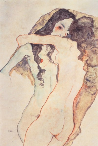 Twee omarmende vrouwen door Egon Schiele